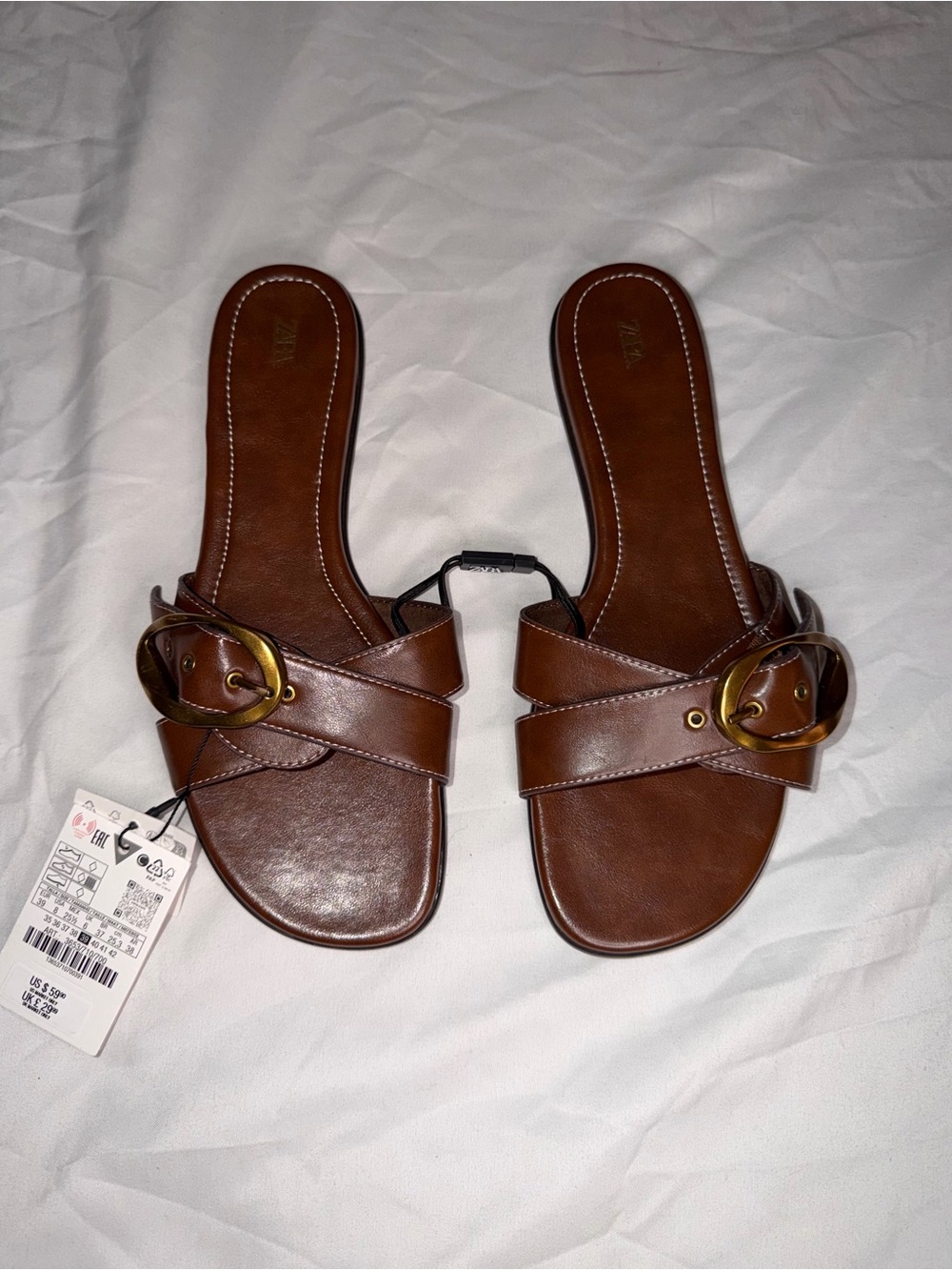 ZARA Brown Leather Slide Sandals with Brass-Tone Buckle - Picture 2 of 5